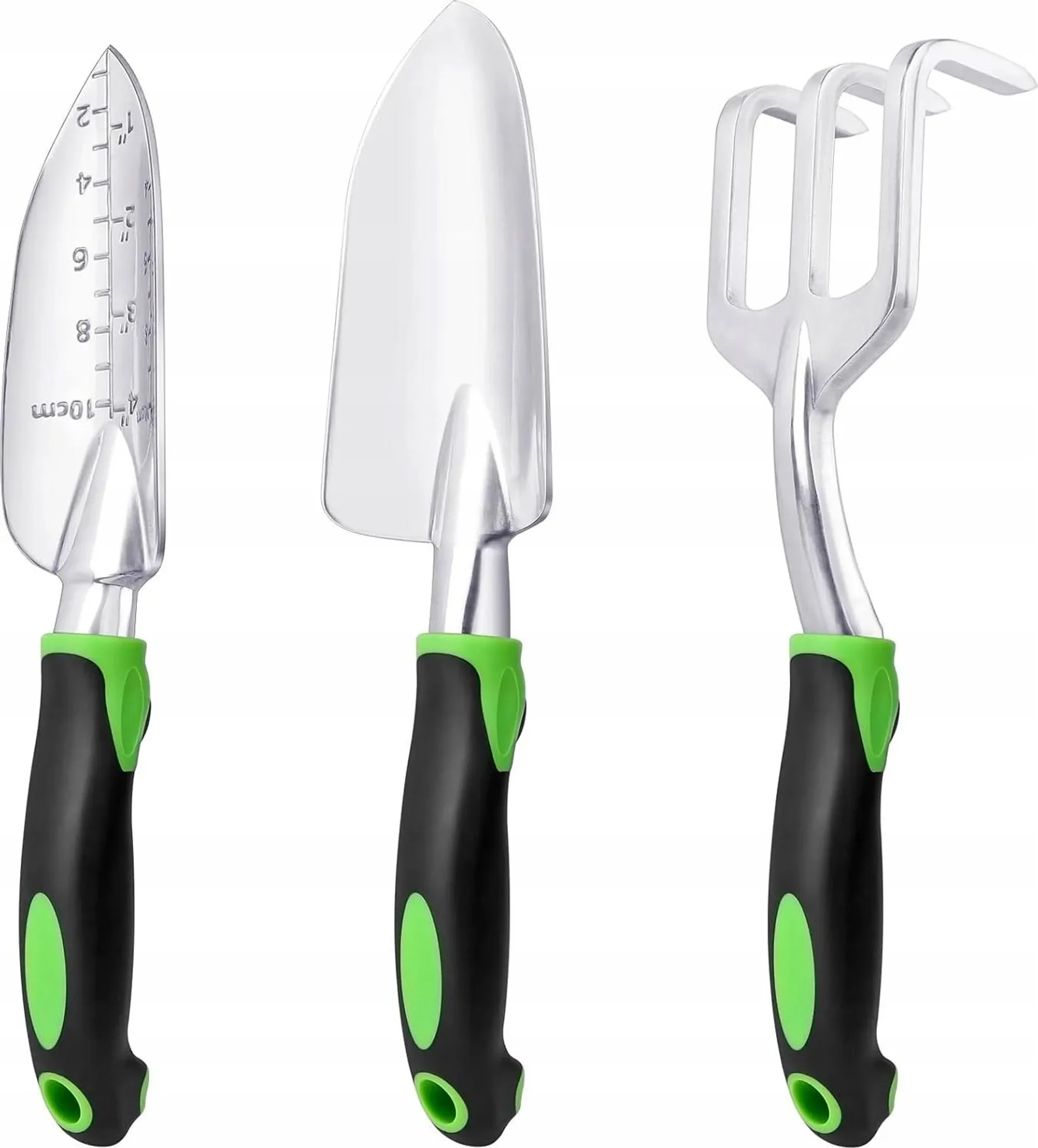 Gartengeräte-Set • 3-teilig • Pflanzschaufel, Pflanztopf mit Messskala und Krallenrechen • Trade Safe