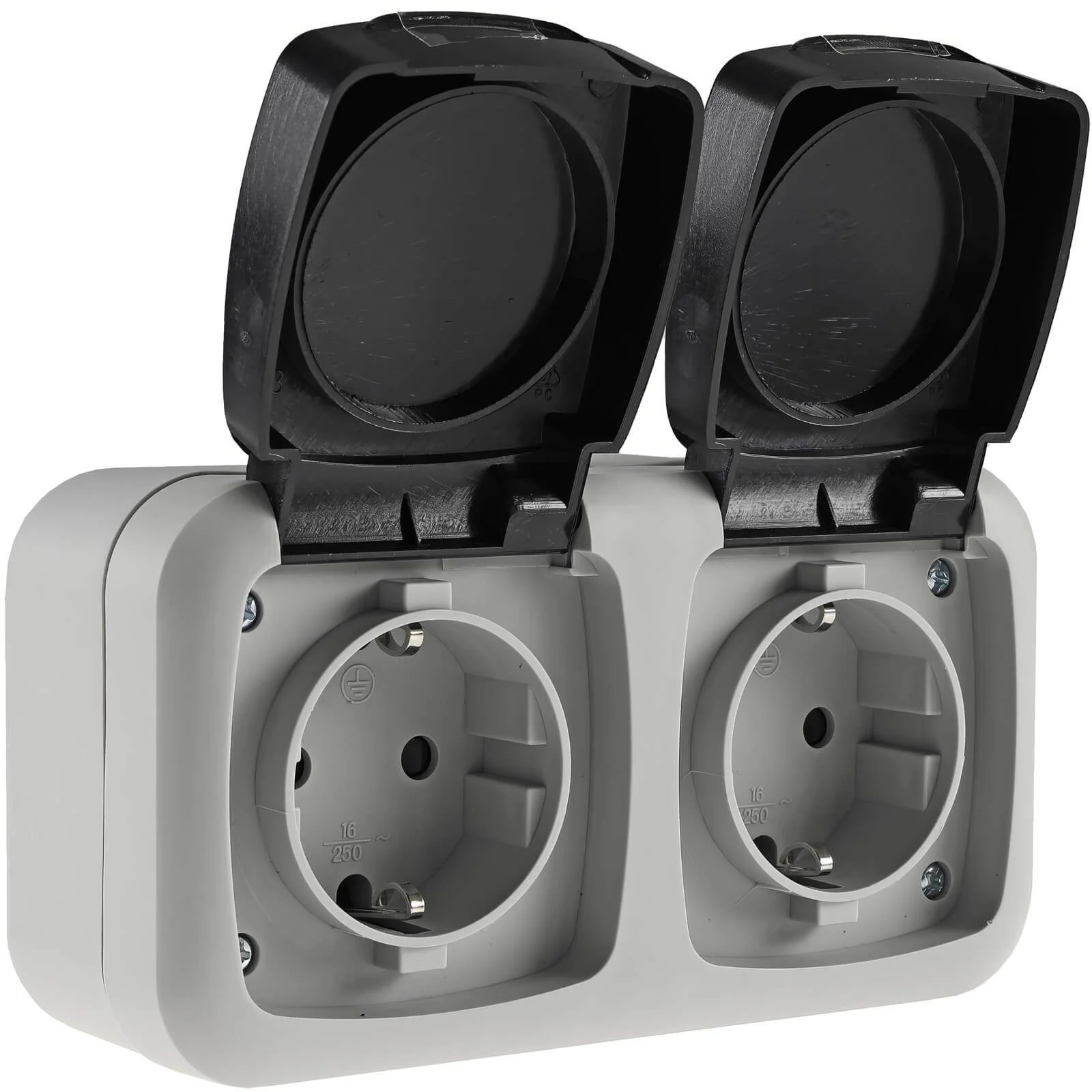 CHILITEC Aufputz Doppelsteckdose IP44 • Feuchtraum 2-fach Steckdose • wetterbeständig • grau