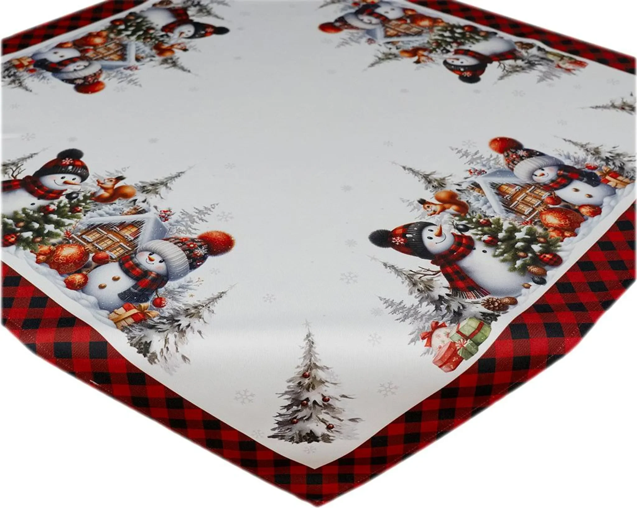 Tischläufer 85×85 cm – Druck „Schneemänner Winterwald“