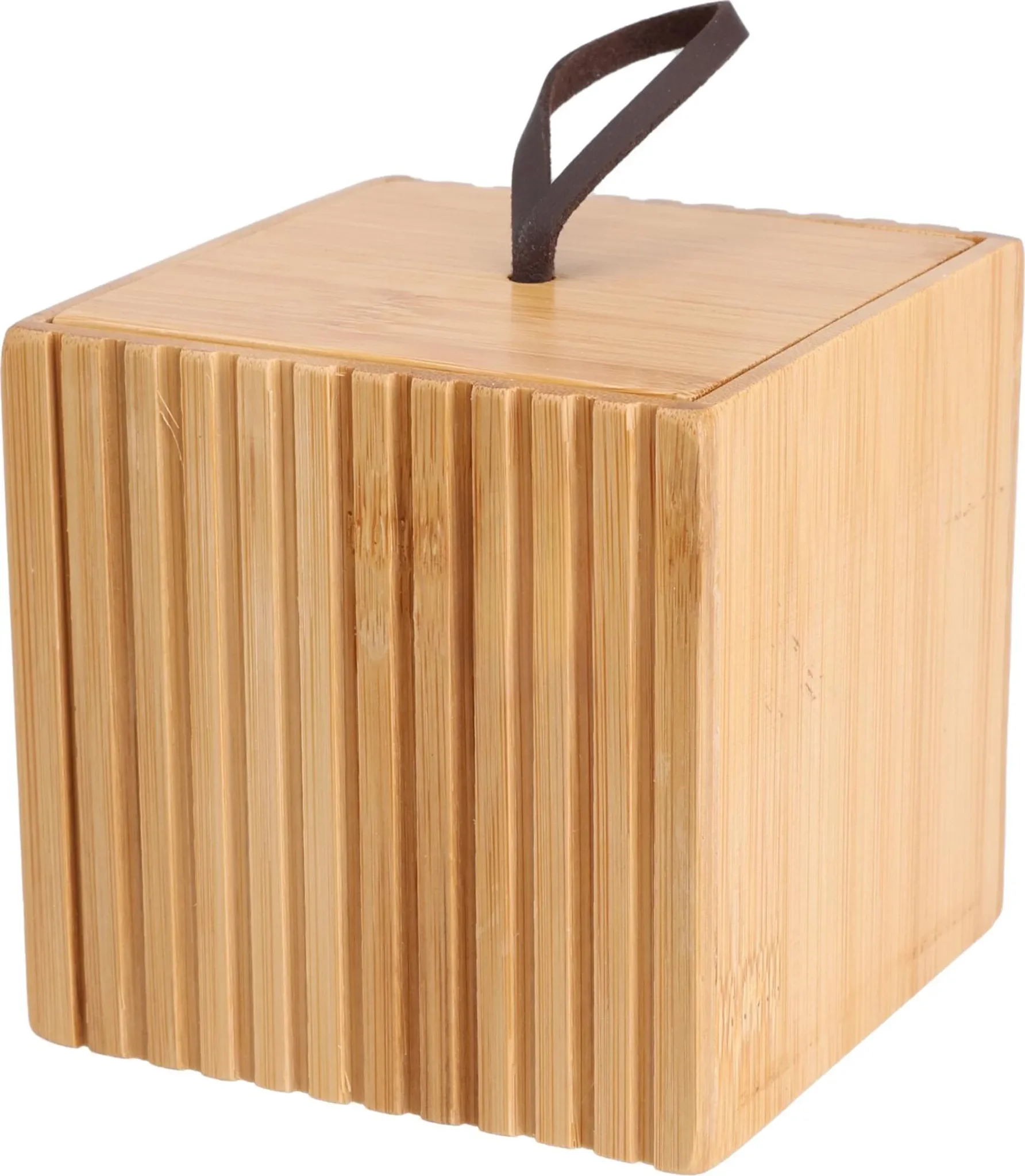Aufbewahrungsbox BambooBox – 9×9×9 cm, aus 100 % Bambus, mit Deckel & Lederschlaufe