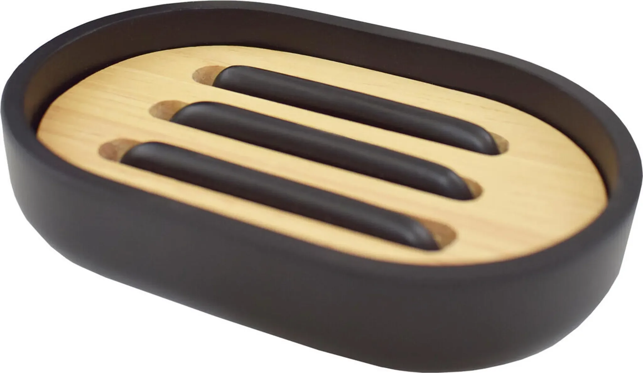 Sepio Seifenschale Oval – Schwarz/Holz, 12,3 x 8,2 x 2,3 cm