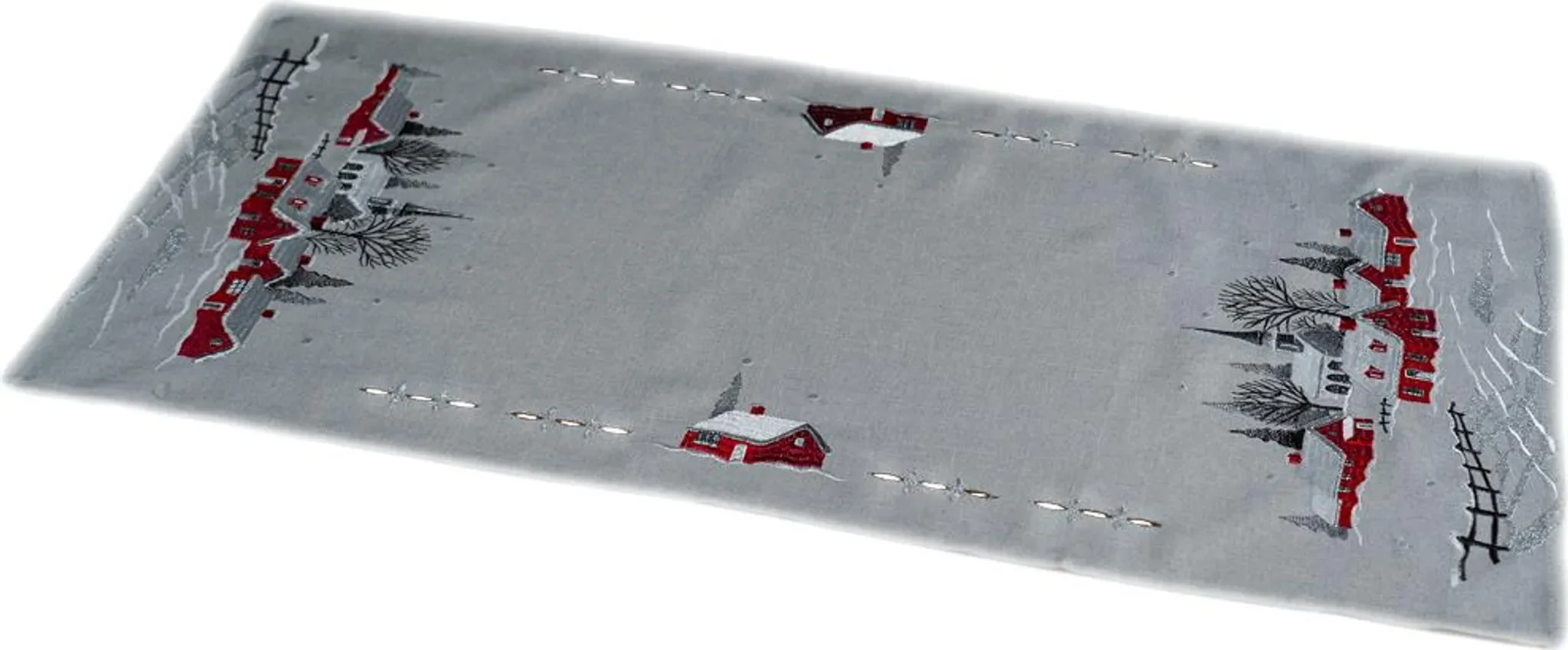 Tischläufer 40×140 cm – Stickerei „Dorf mit Kirche Winterwald“