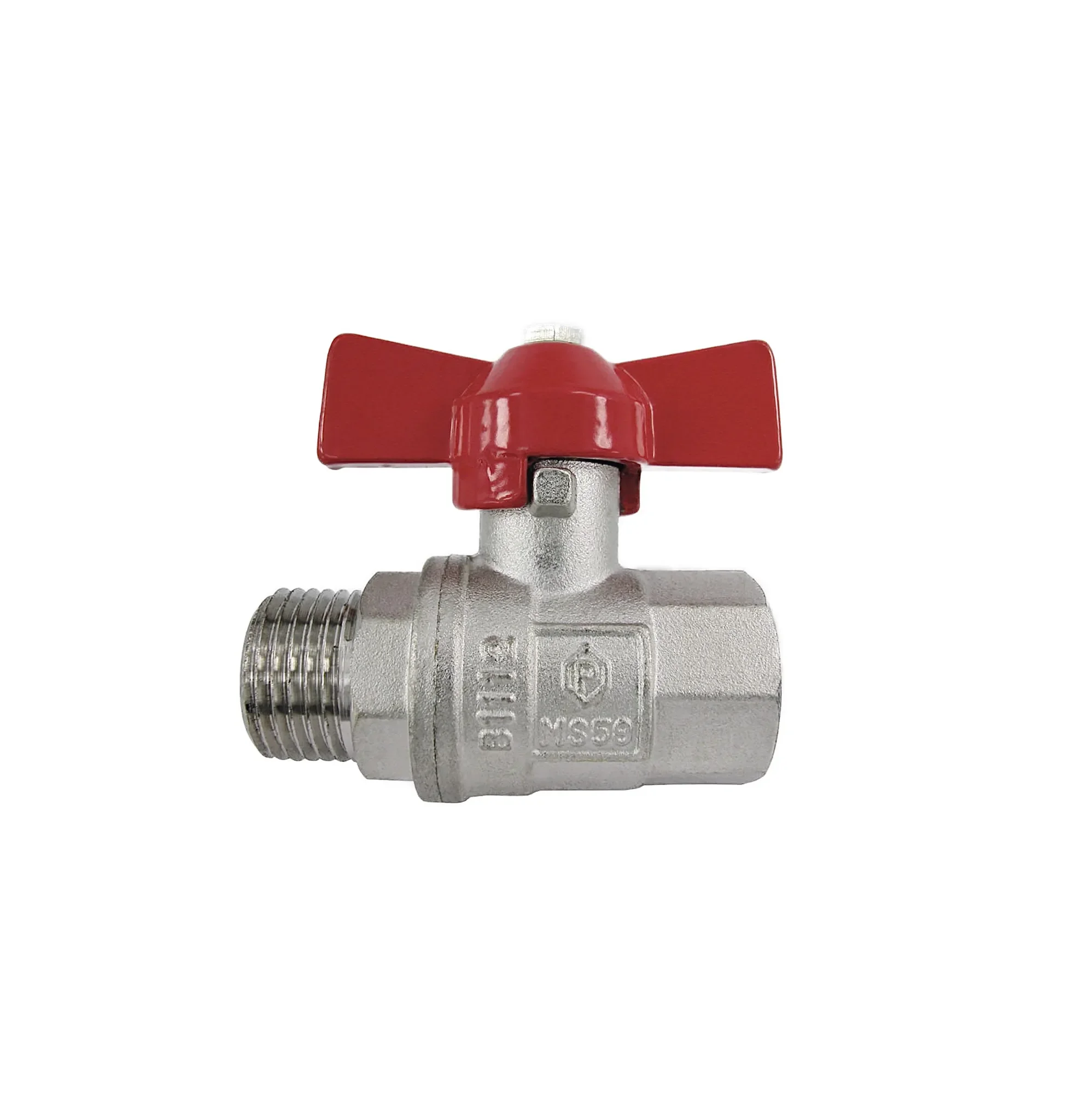 Puteus Übergangskugelhahn PN 25 DN 25 • 1" IG-AG • Messing vernickelt • Alu-Flügelgriff • ohne Entleerung